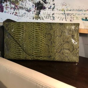 Large Vegan Faux Olive Snakeskin Clutch